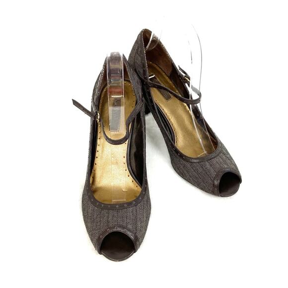 Vintage Shoes - Vintage Connie Heels Tweed Fabric Peep Toe Business Office Retro Brown 8.5 M